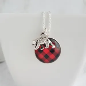 Red Plaid Necklace - buffalo check/bear charm lodge pendant - black plaid flannel - Christmas holiday jewelry stocking stuffer gift