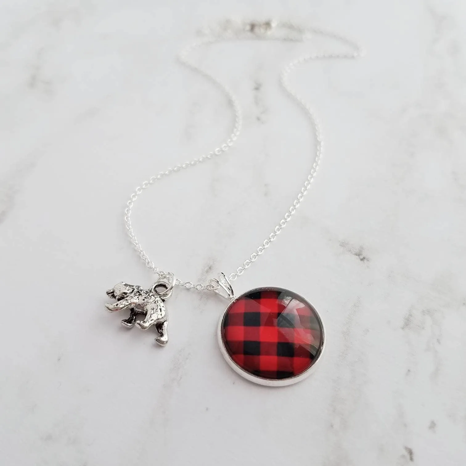 Red Plaid Necklace - buffalo check/bear charm lodge pendant - black plaid flannel - Christmas holiday jewelry stocking stuffer gift