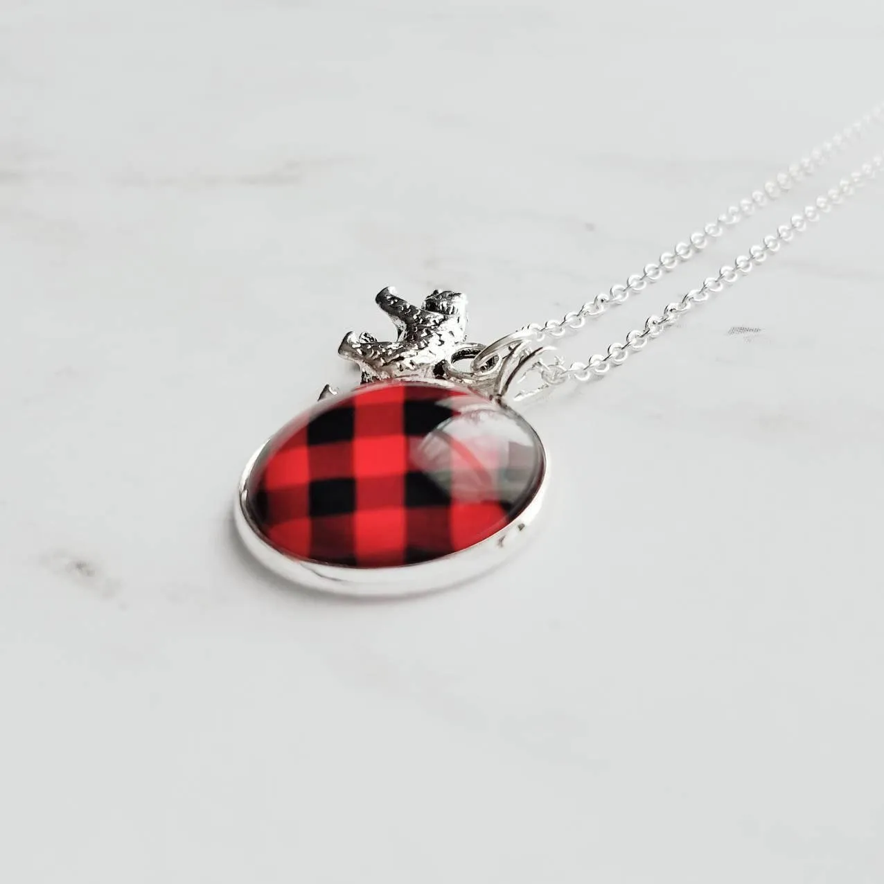 Red Plaid Necklace - buffalo check/bear charm lodge pendant - black plaid flannel - Christmas holiday jewelry stocking stuffer gift
