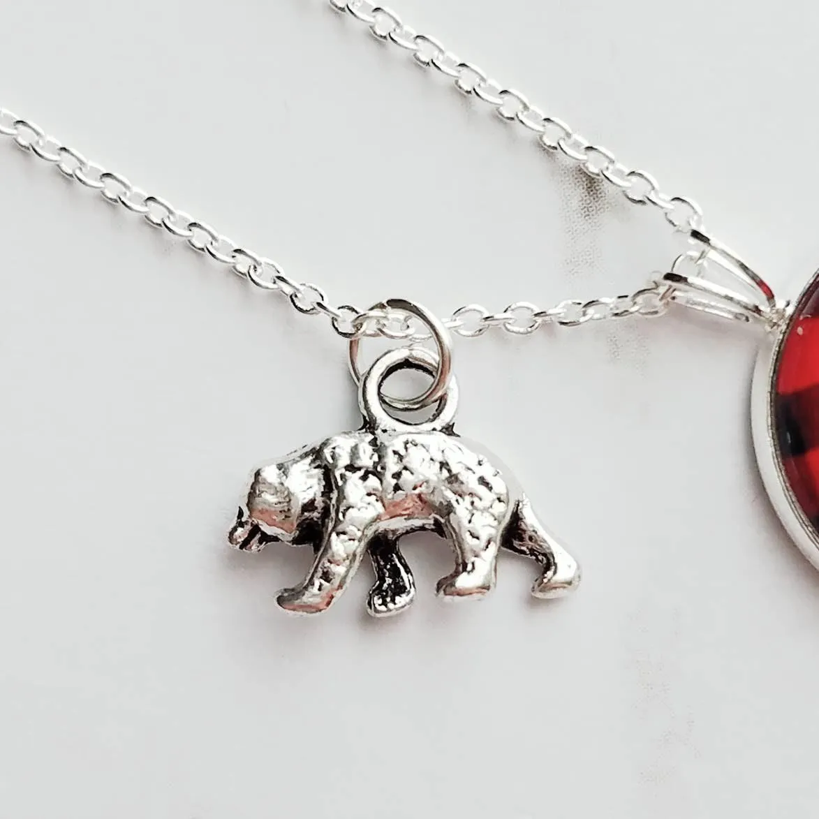 Red Plaid Necklace - buffalo check/bear charm lodge pendant - black plaid flannel - Christmas holiday jewelry stocking stuffer gift