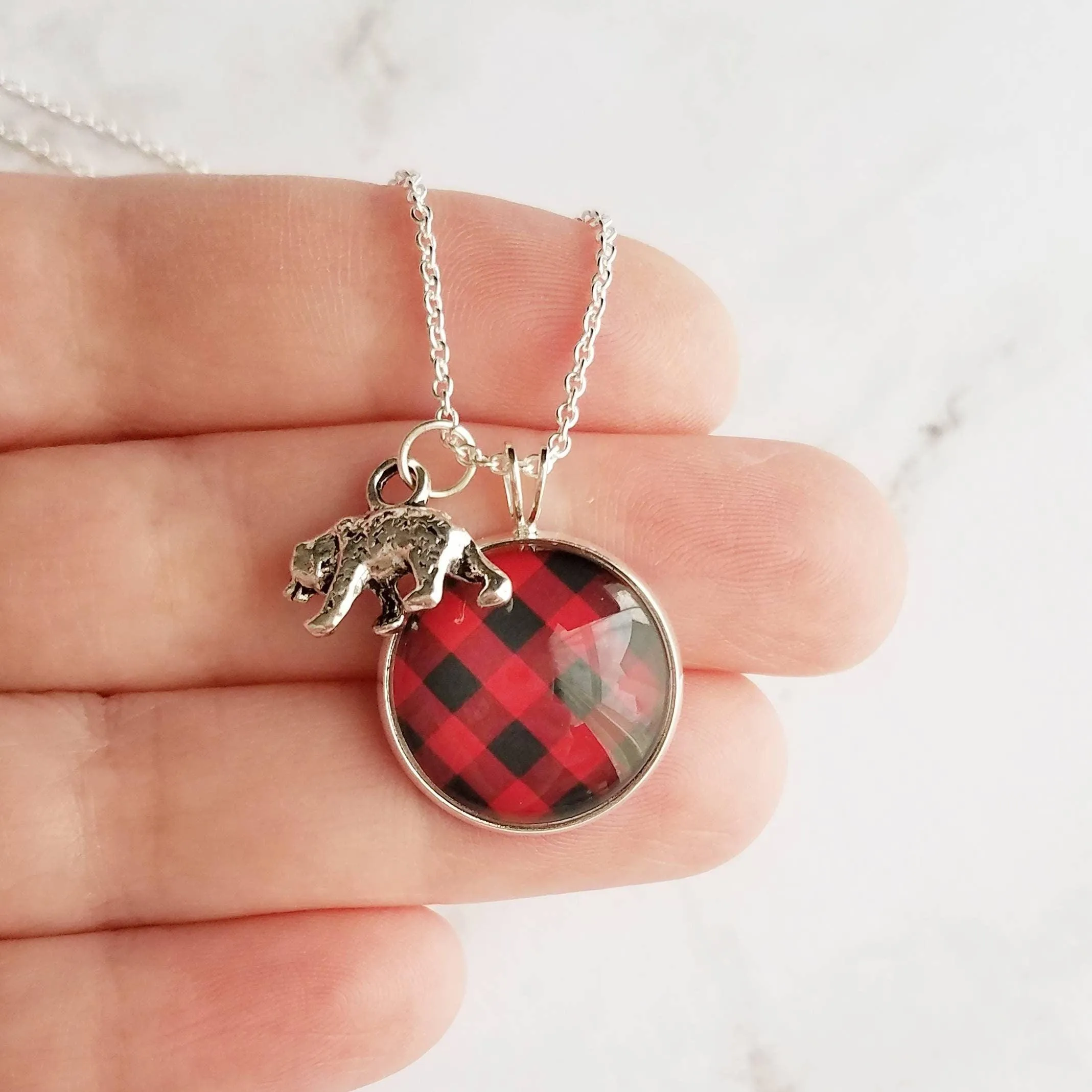 Red Plaid Necklace - buffalo check/bear charm lodge pendant - black plaid flannel - Christmas holiday jewelry stocking stuffer gift