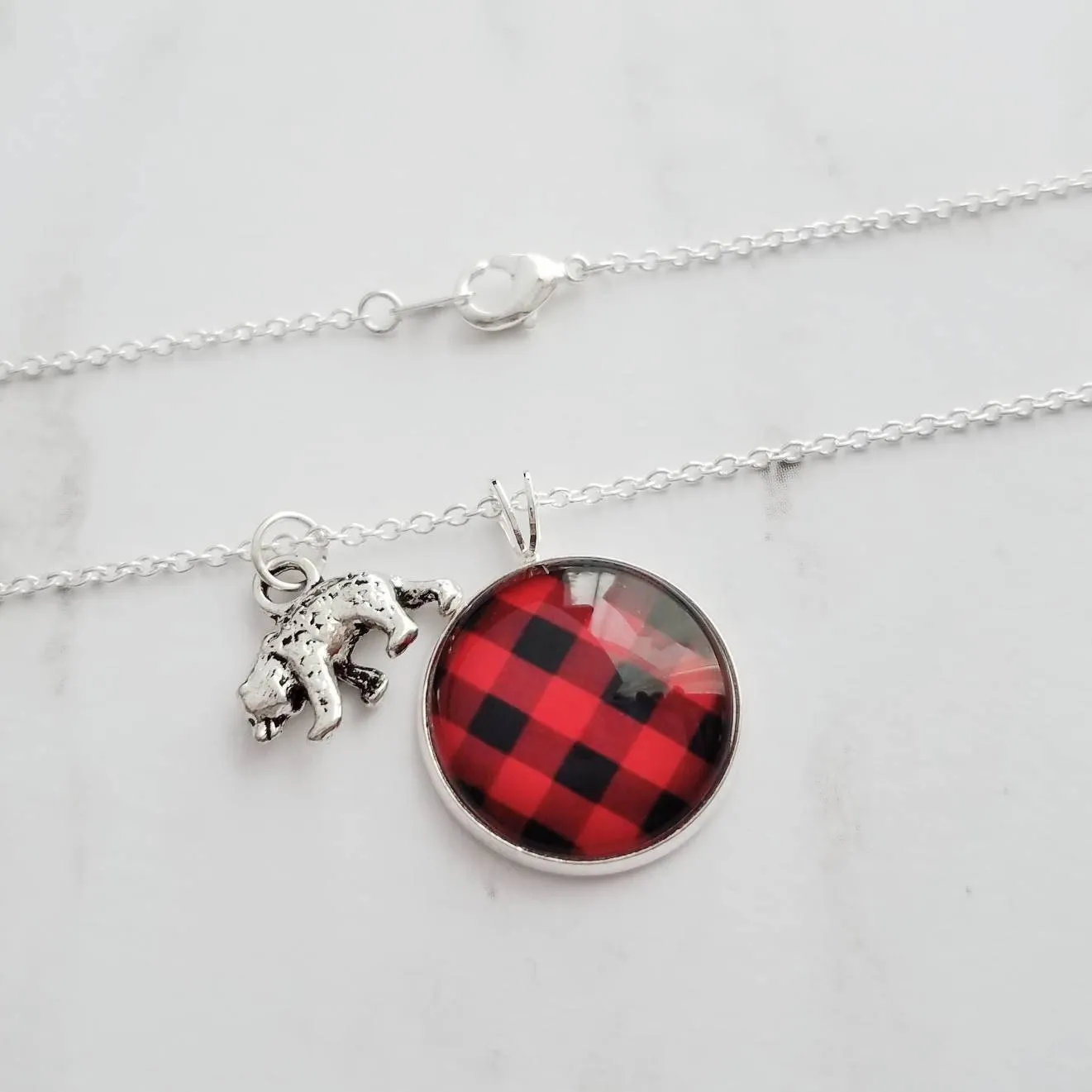 Red Plaid Necklace - buffalo check/bear charm lodge pendant - black plaid flannel - Christmas holiday jewelry stocking stuffer gift