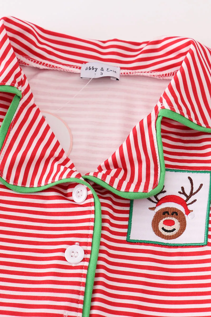 Red Stripe Christmas Reindeer Embroidery Girl Pajamas Set