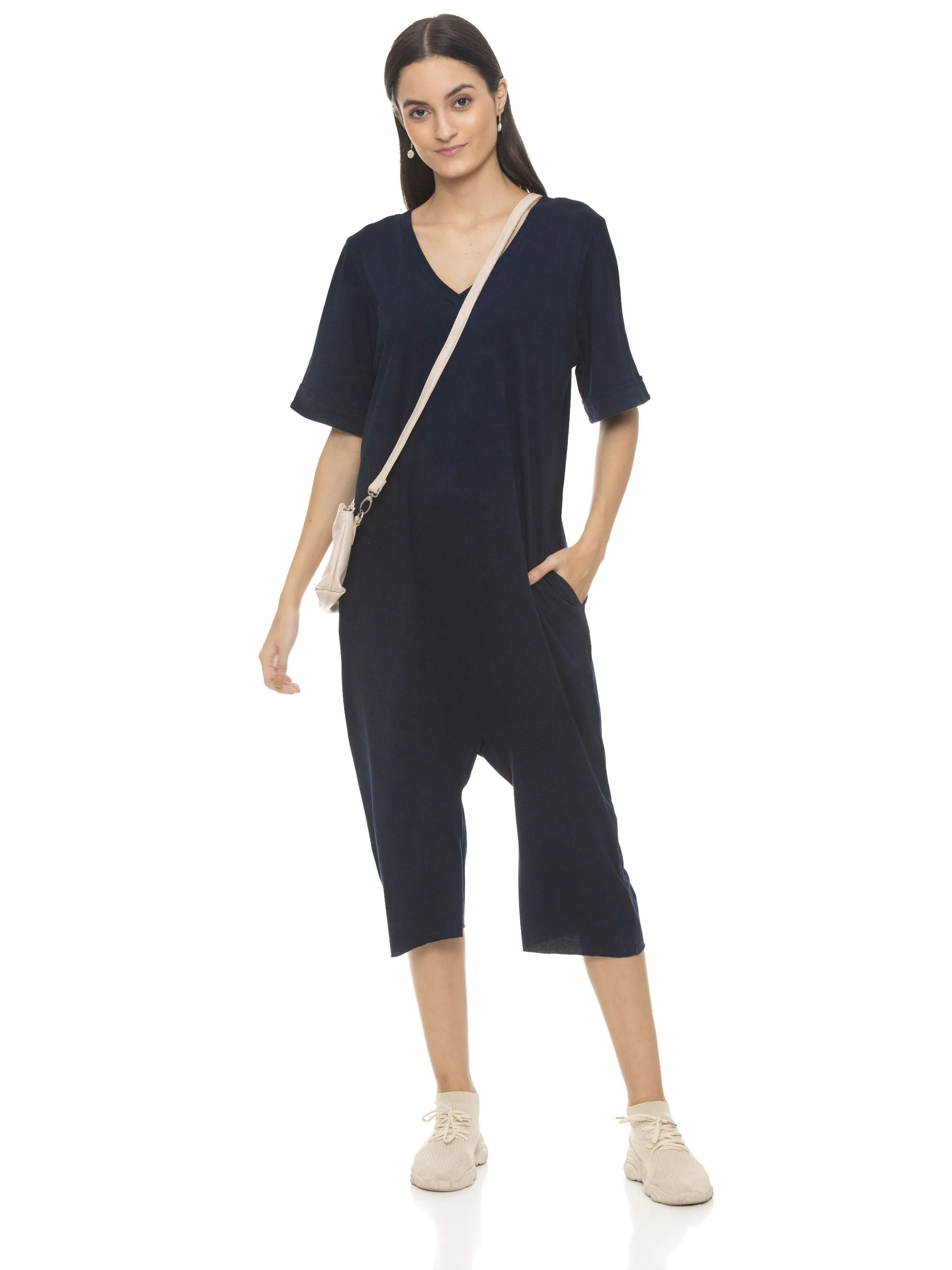 RESTORE LONG ROMPER WITH SHORT SLEEVE (NAVY)