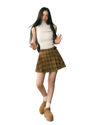 Retro Leather Buckle Plaid Pleated Mini Skirt