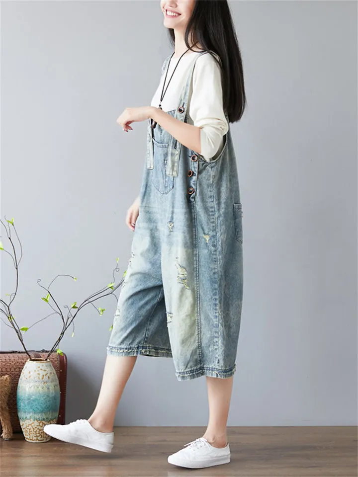 Retro Loose Ripped Denim Jumpsuits