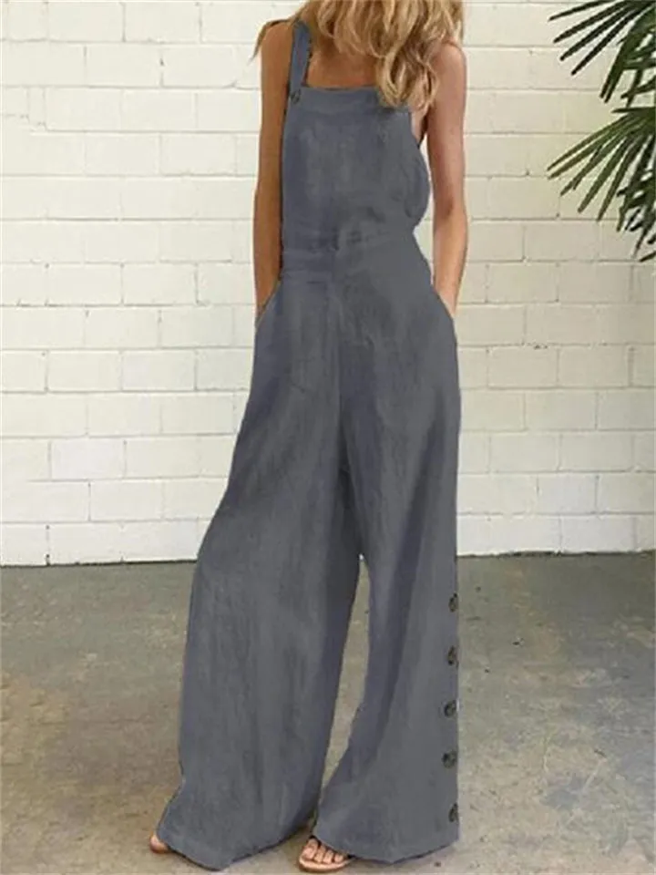 Retro Solid Color Sleeveless Side Pocket Casual Wide-Leg Side Buckle Jumpsuit