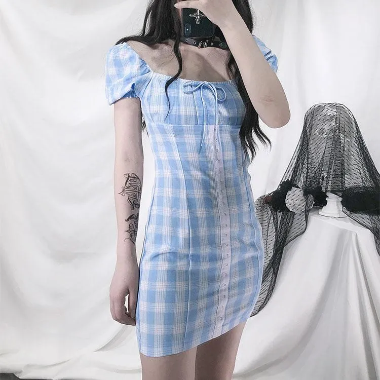 Retro Strap Plaid Blue Dress SD00571