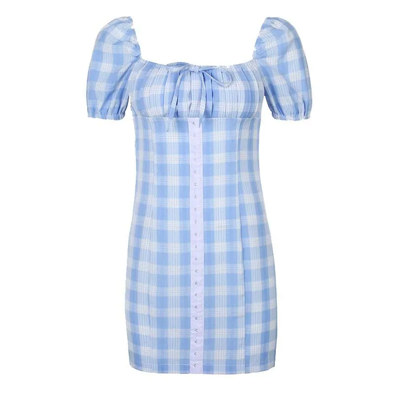 Retro Strap Plaid Blue Dress SD00571