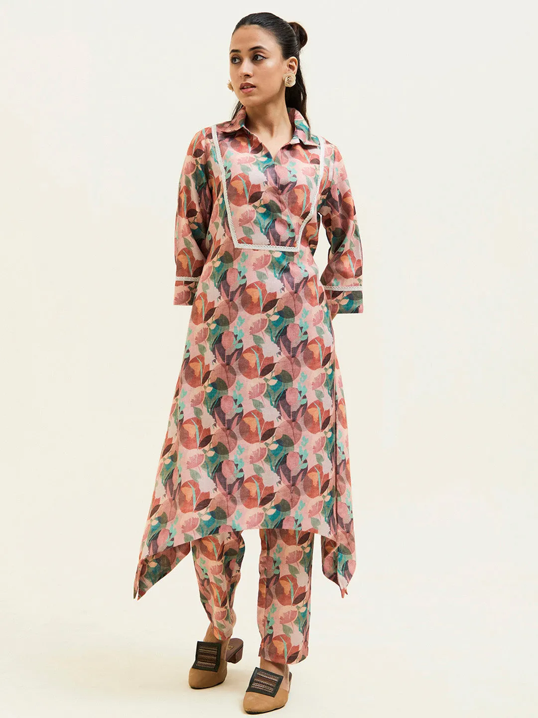 Rose Abstract Printed Asymmetrical Kurta Set