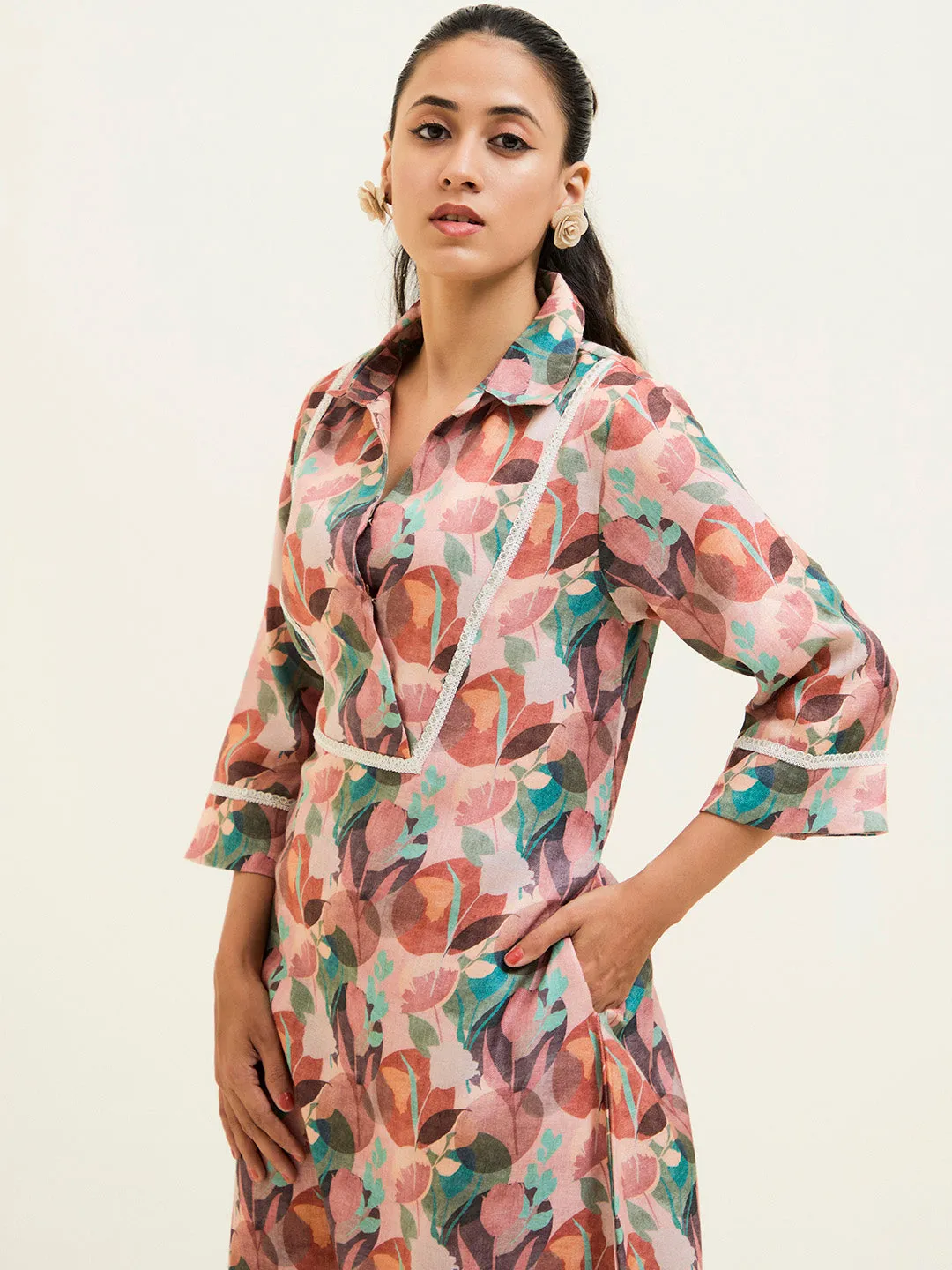 Rose Abstract Printed Asymmetrical Kurta Set