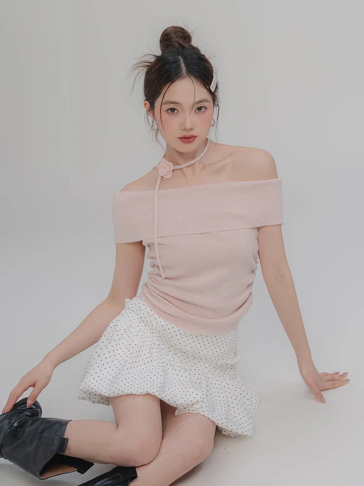 Rosette Off-Shoulder Knit Top