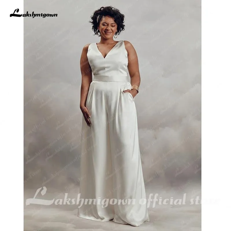 Roycebridal Ivory V Neck Jumpsuits Wedding Dresses Floor Length Satin