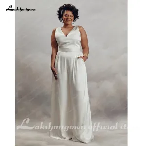 Roycebridal Ivory V Neck Jumpsuits Wedding Dresses Floor Length Satin