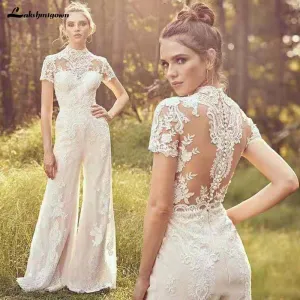 Roycebridal Jumpsuits Wedding Dresses High Neck Short Sleeve Lace