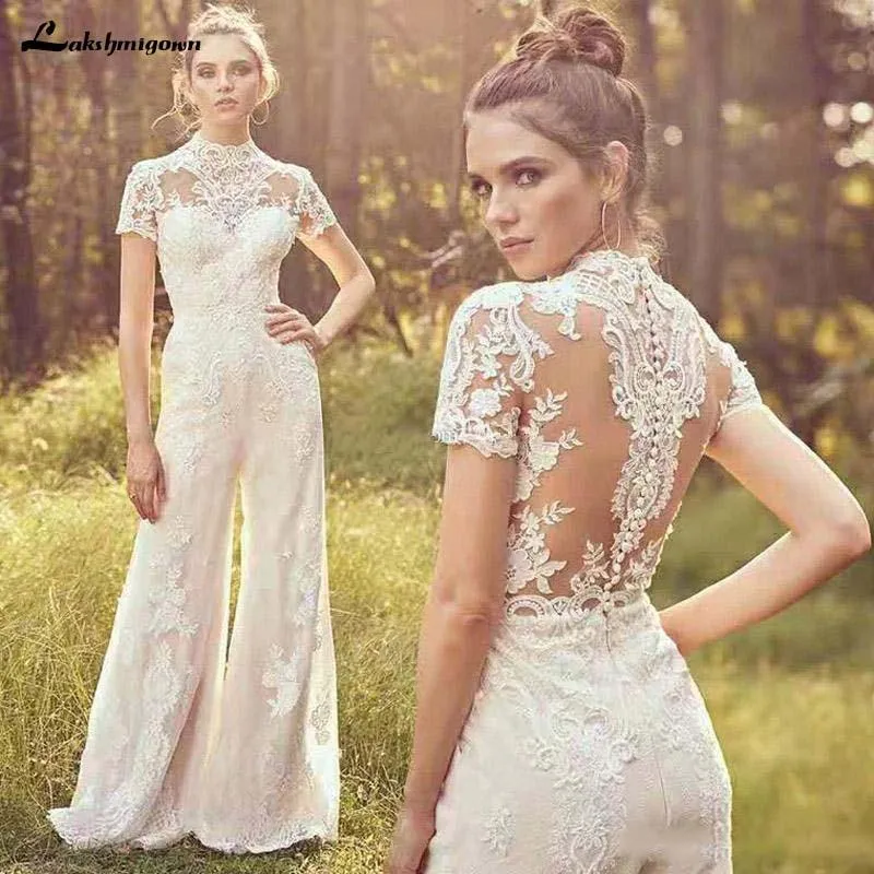 Roycebridal Jumpsuits Wedding Dresses High Neck Short Sleeve Lace