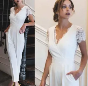Roycebridal Lace Applique Jumpsuits V Neck Elegant Ivory Wedding Dresses