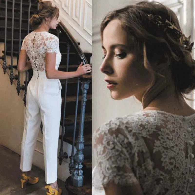 Roycebridal Lace Applique Jumpsuits V Neck Elegant Ivory Wedding Dresses