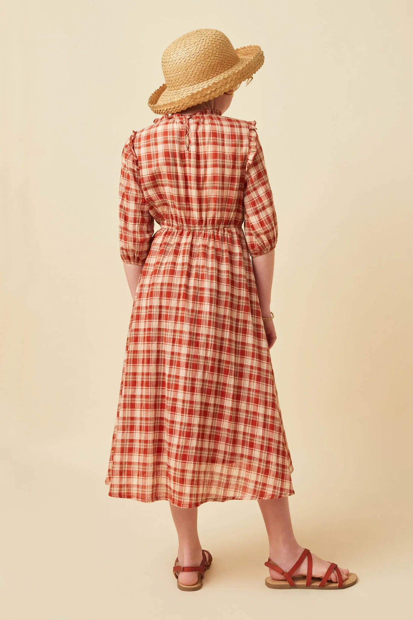 Ruffle Neck Long Elbow Sleeve Plaid Dress