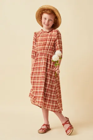 Ruffle Neck Long Elbow Sleeve Plaid Dress