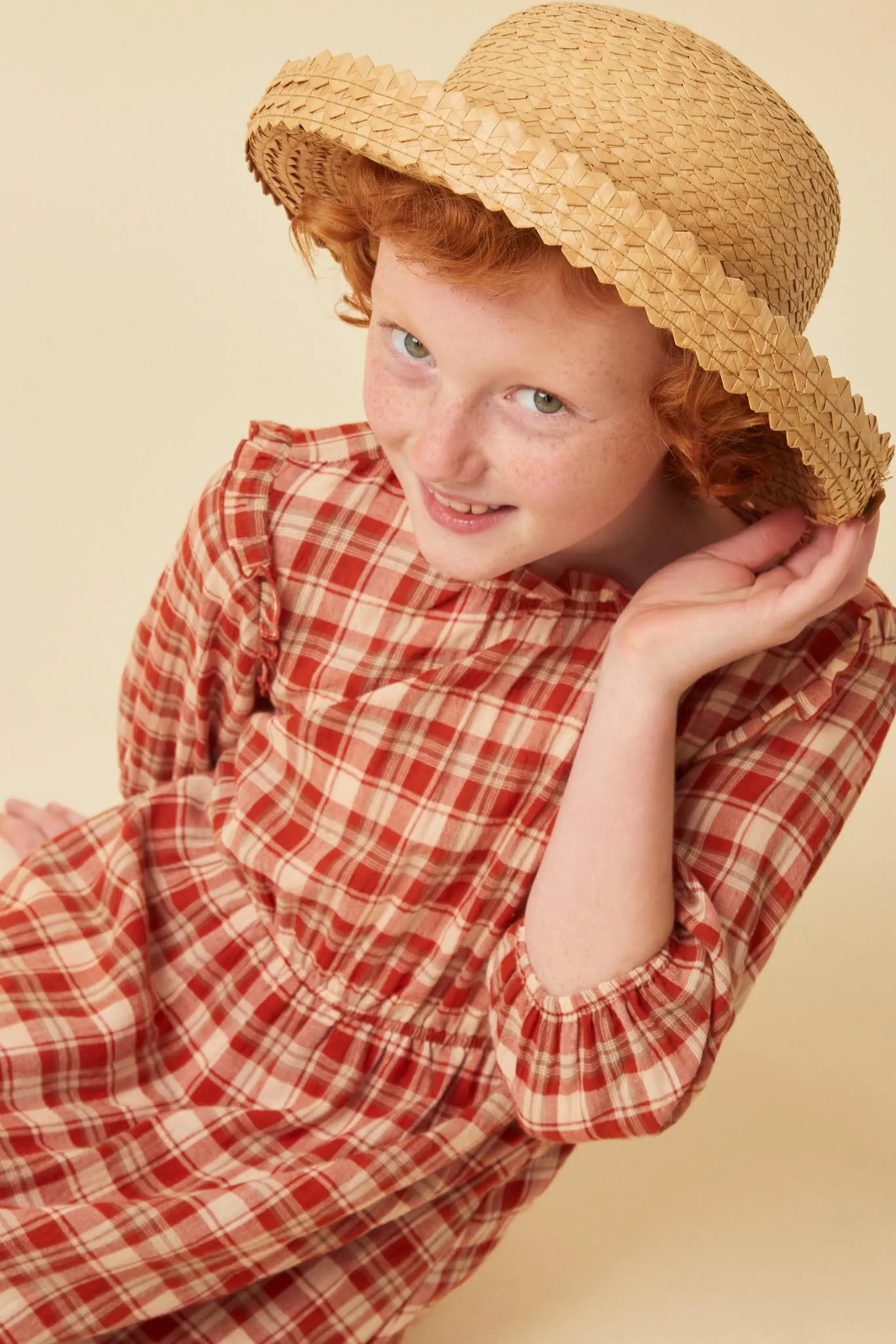Ruffle Neck Long Elbow Sleeve Plaid Dress