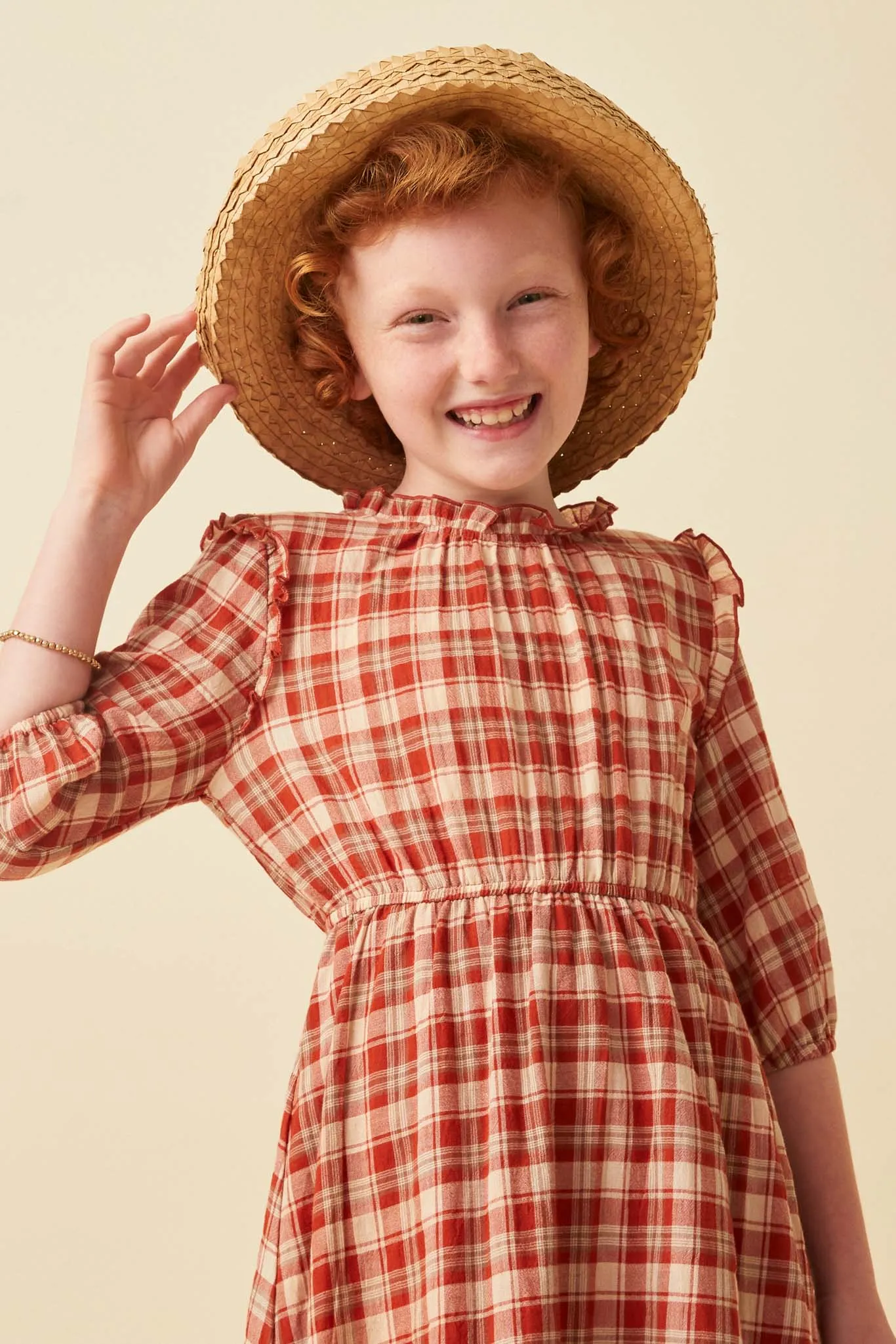 Ruffle Neck Long Elbow Sleeve Plaid Dress