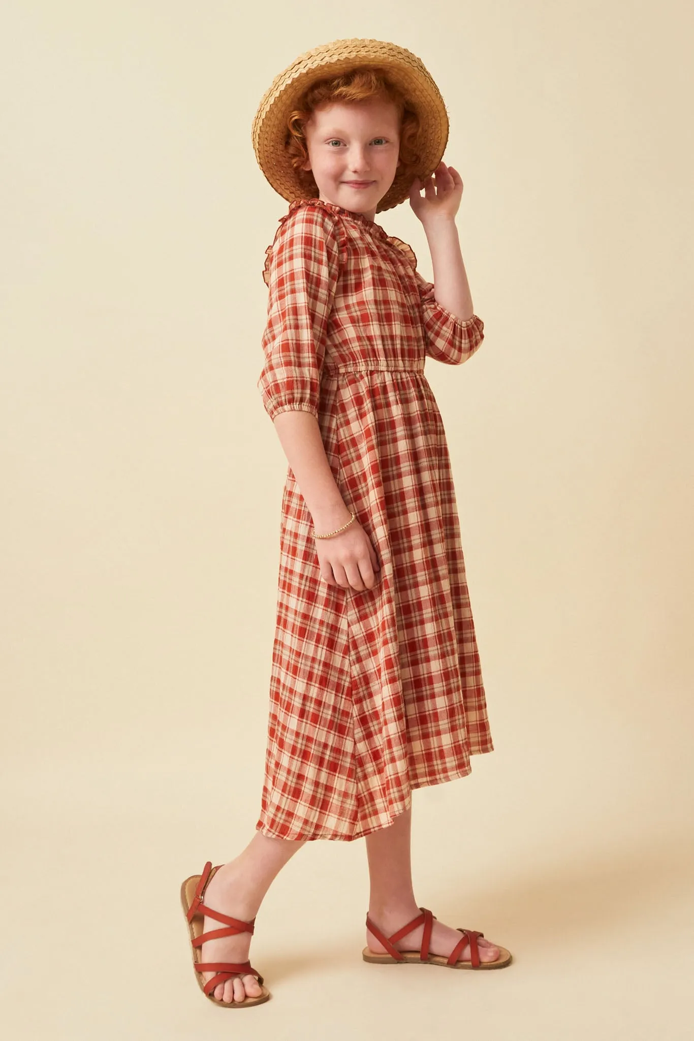 Ruffle Neck Long Elbow Sleeve Plaid Dress