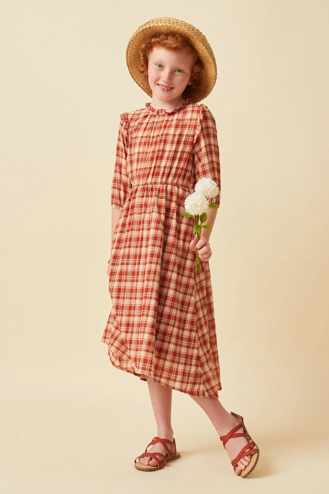 Ruffle Neck Long Elbow Sleeve Plaid Dress