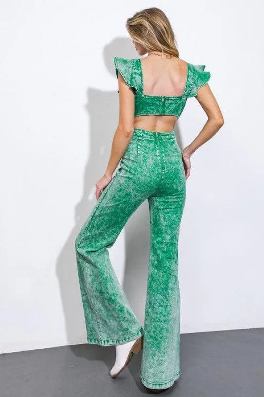 RUFFLES ACID WASH DENIM JUMPSUIT