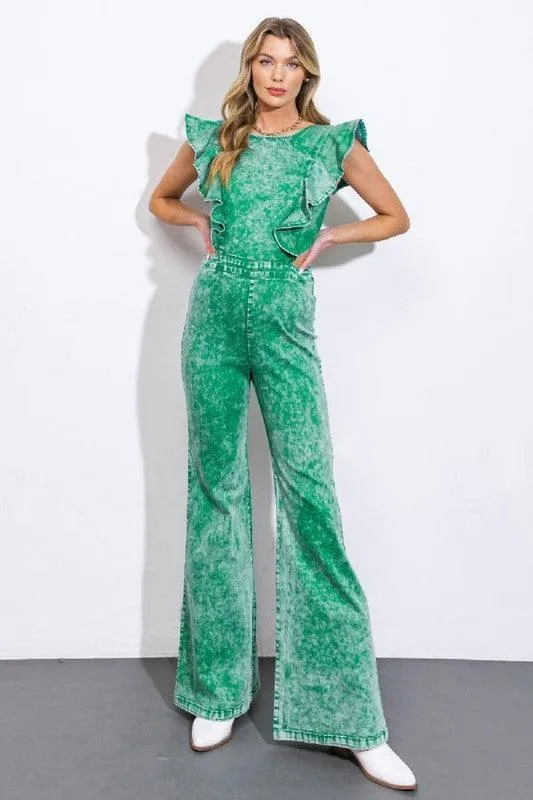 RUFFLES ACID WASH DENIM JUMPSUIT