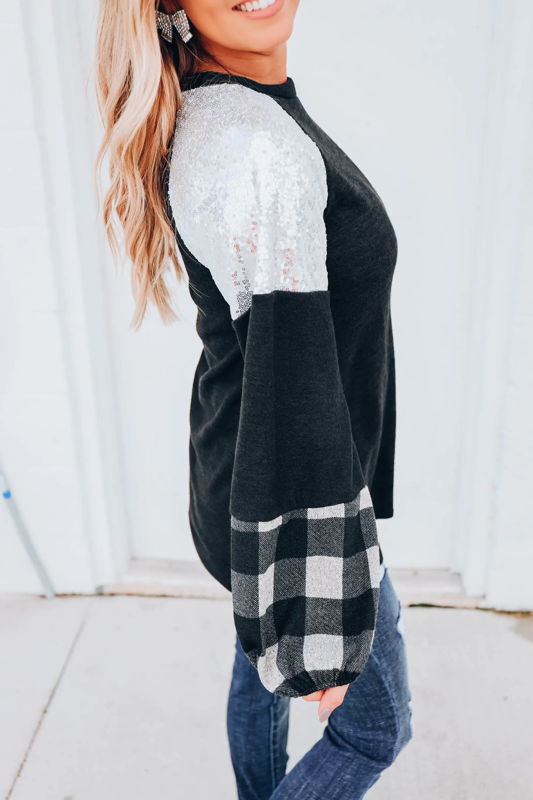 Rustic Sparkle Puff Sleeve Top - Silver