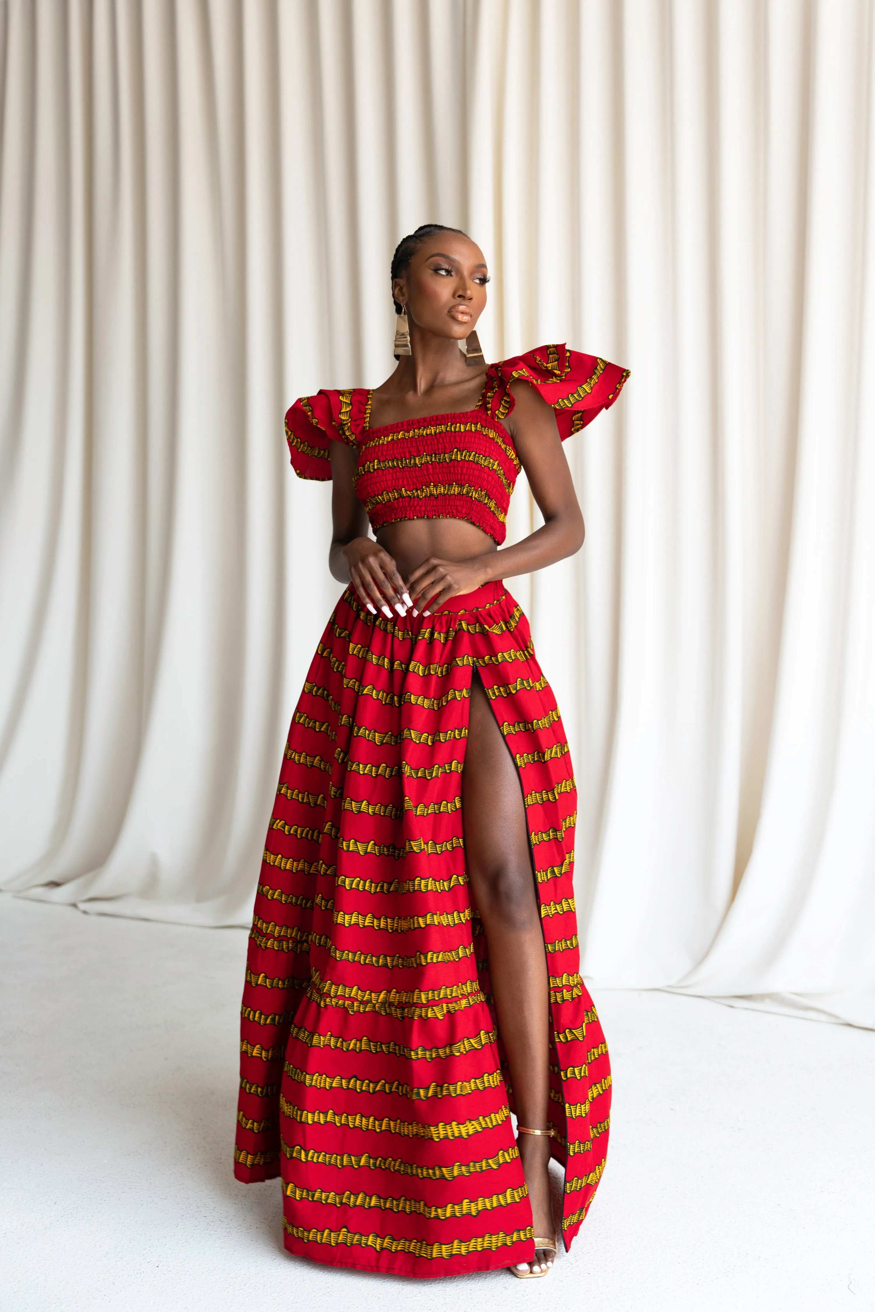 RUWE African Print Ruffle Sleeve Crop Top