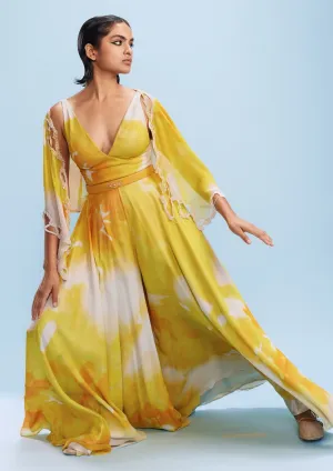 Ruya chiffon watercolor jumpsuit and cape