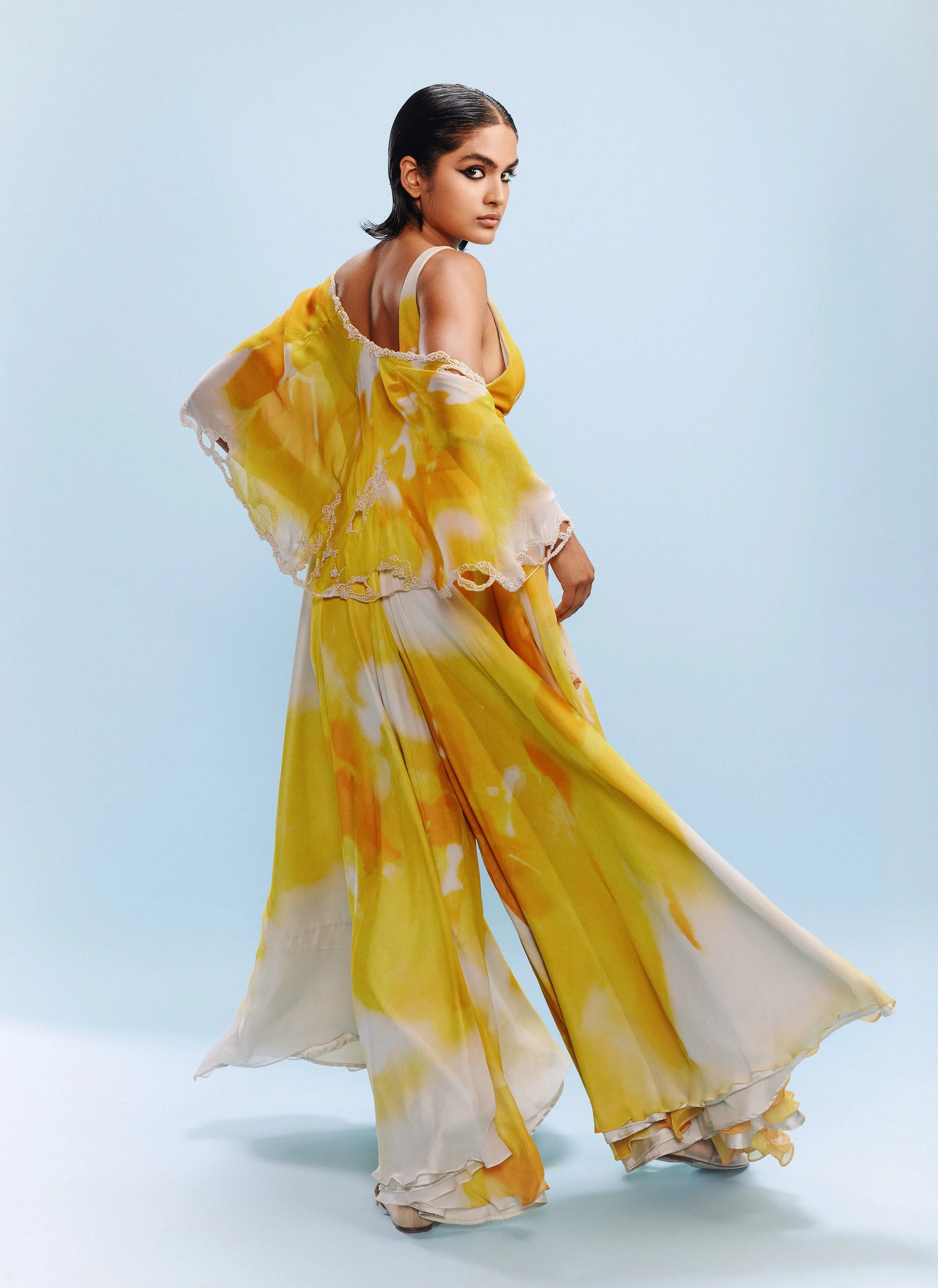 Ruya chiffon watercolor jumpsuit and cape