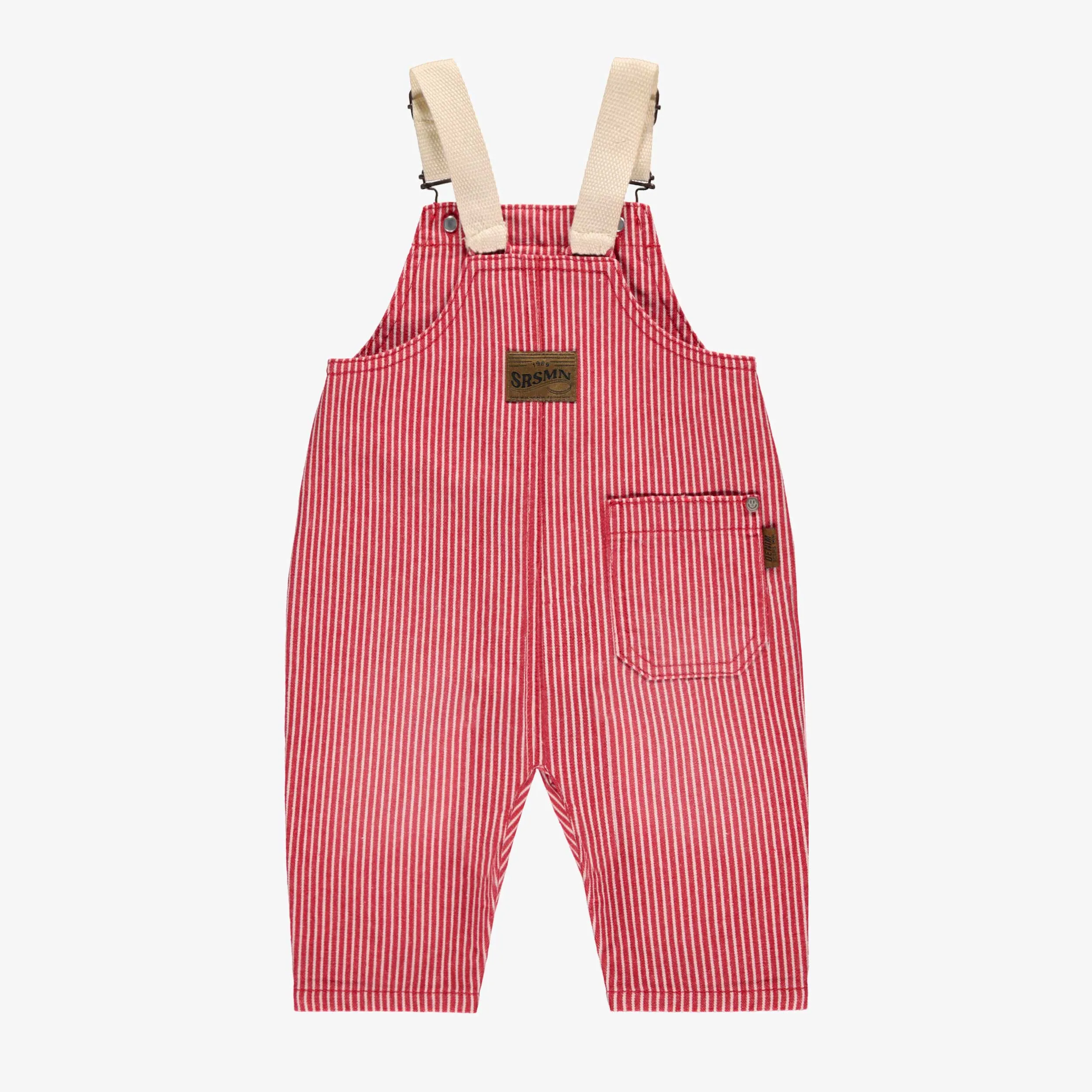 Salopette en denim rouge et blanche à rayures, bébé || Red and white striped denim overalls, baby