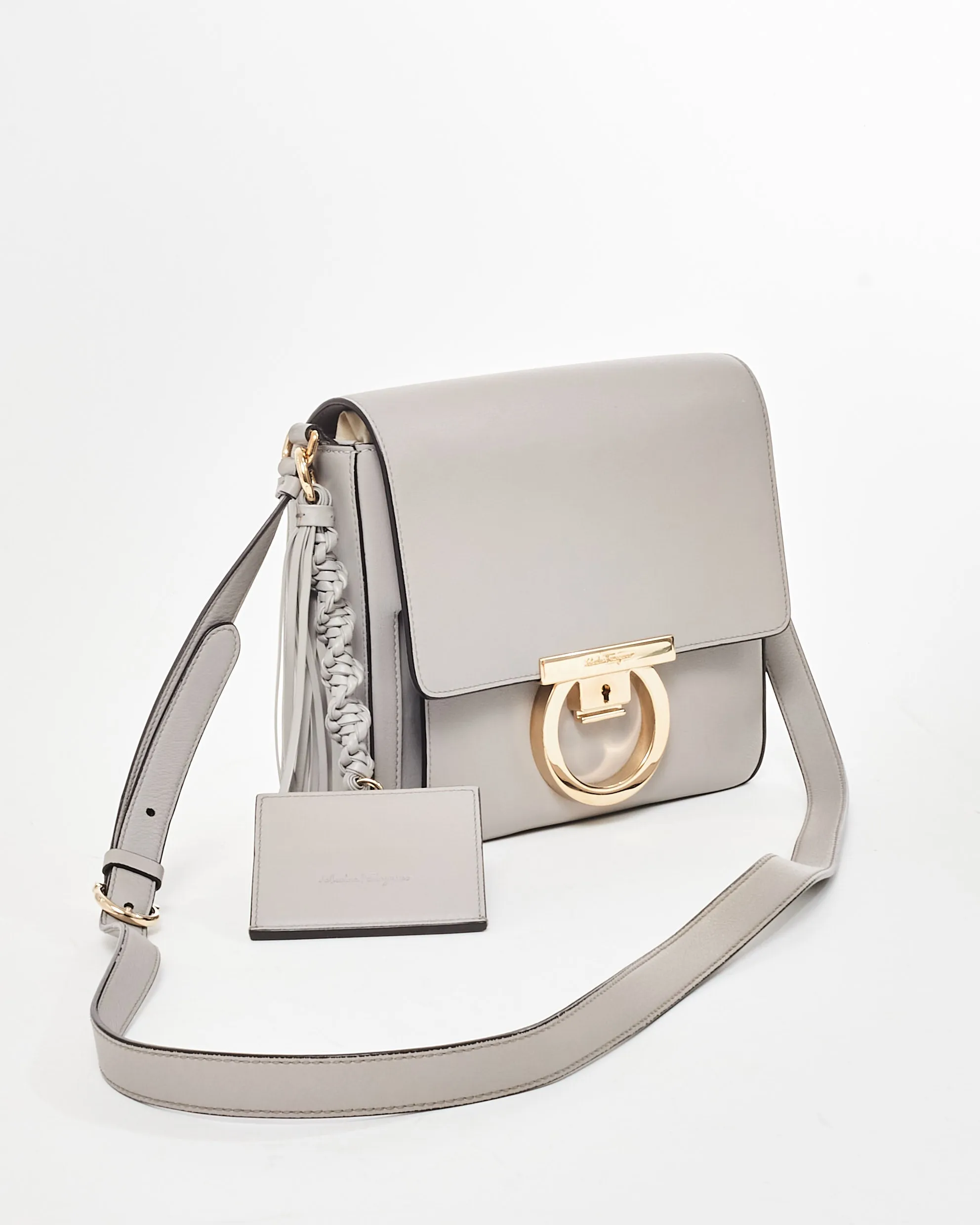 Salvatore Ferragamo Grey Mini Tassel Gancini Lock Flap Shoulder Bag