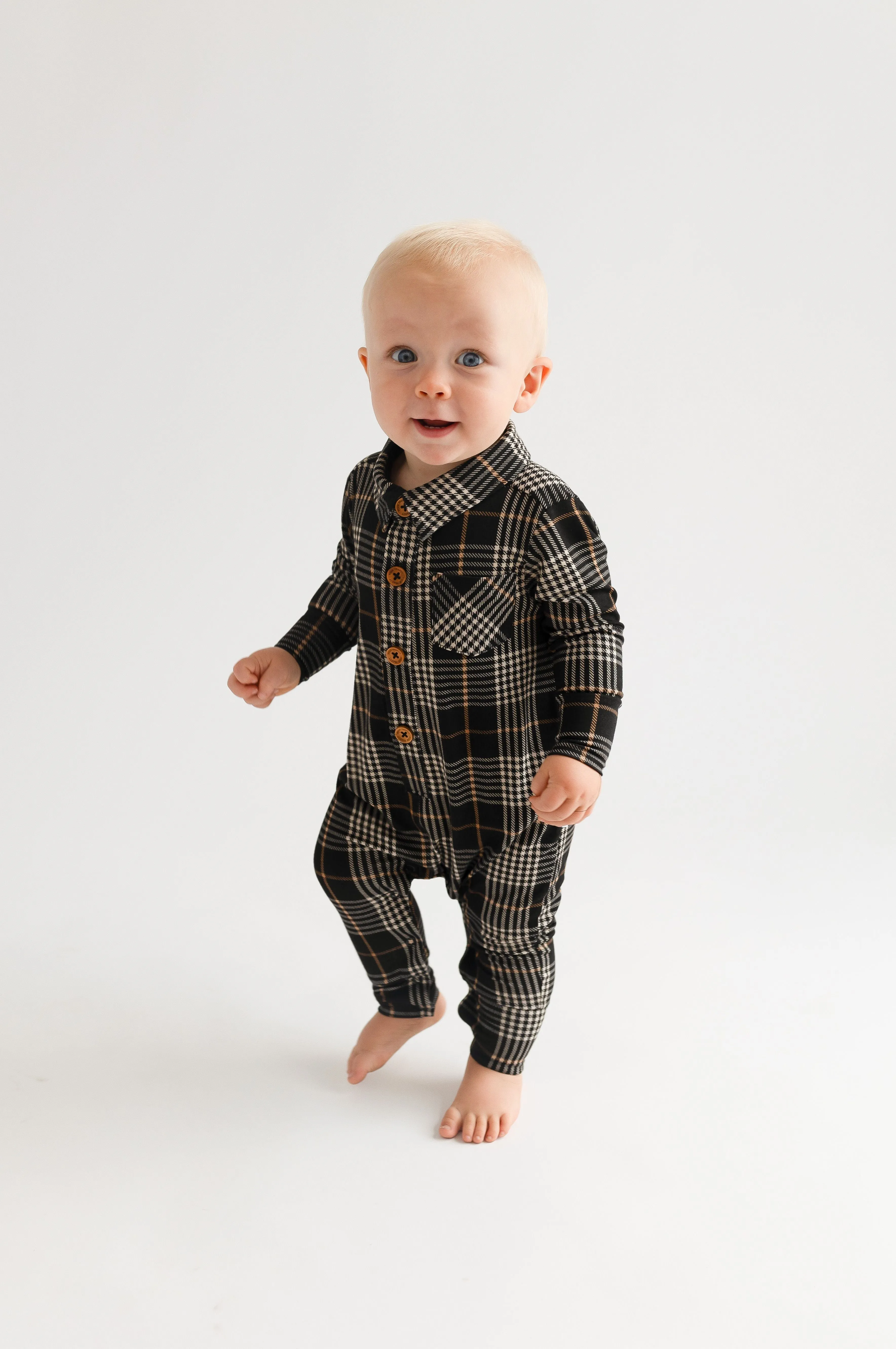 Sanders - Long Sleeve Collared Henley Long Romper || Posh Peanut