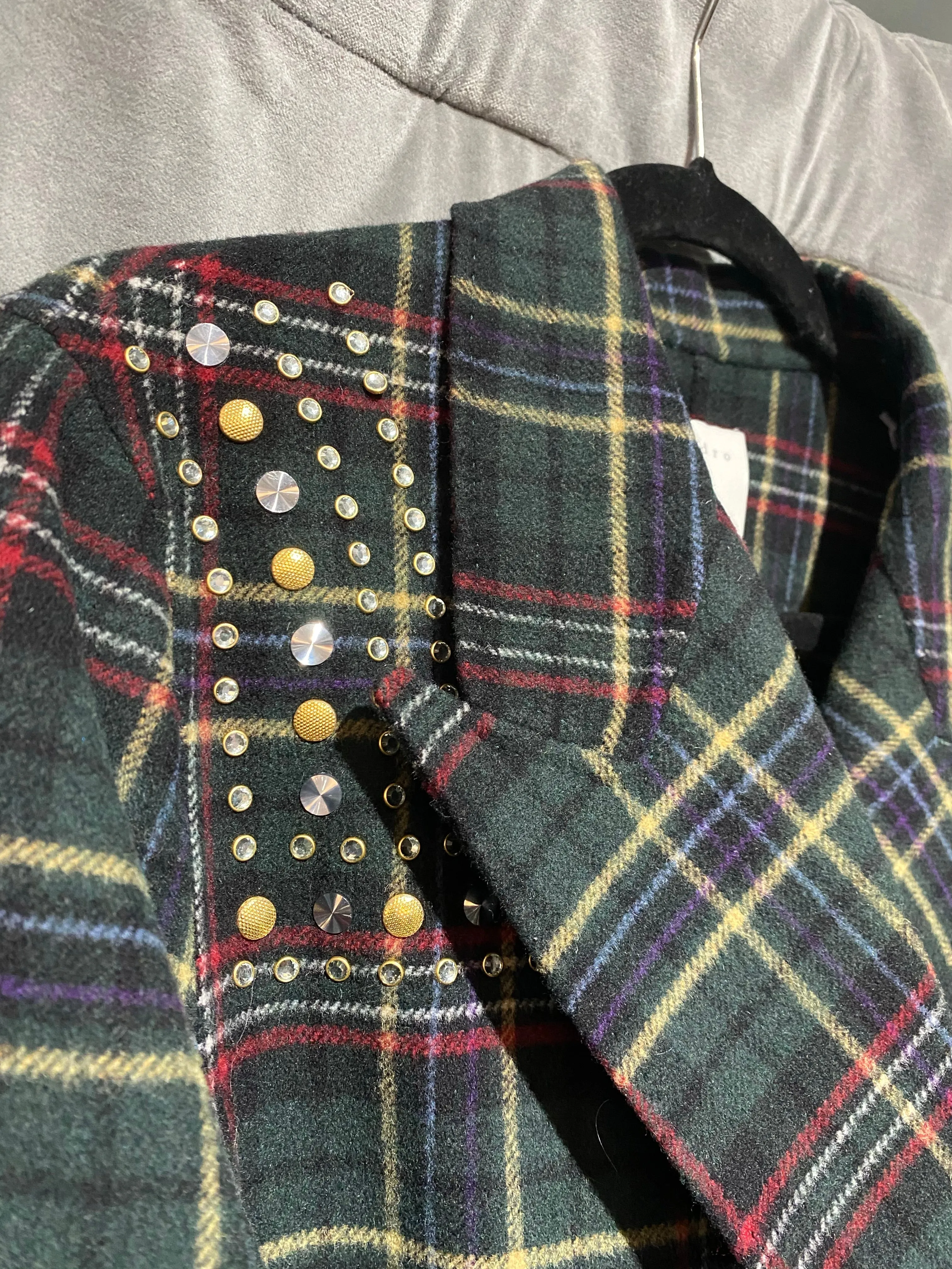 Sandro Wool Plaid Long Coat with Studs