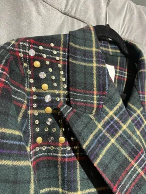 Sandro Wool Plaid Long Coat with Studs