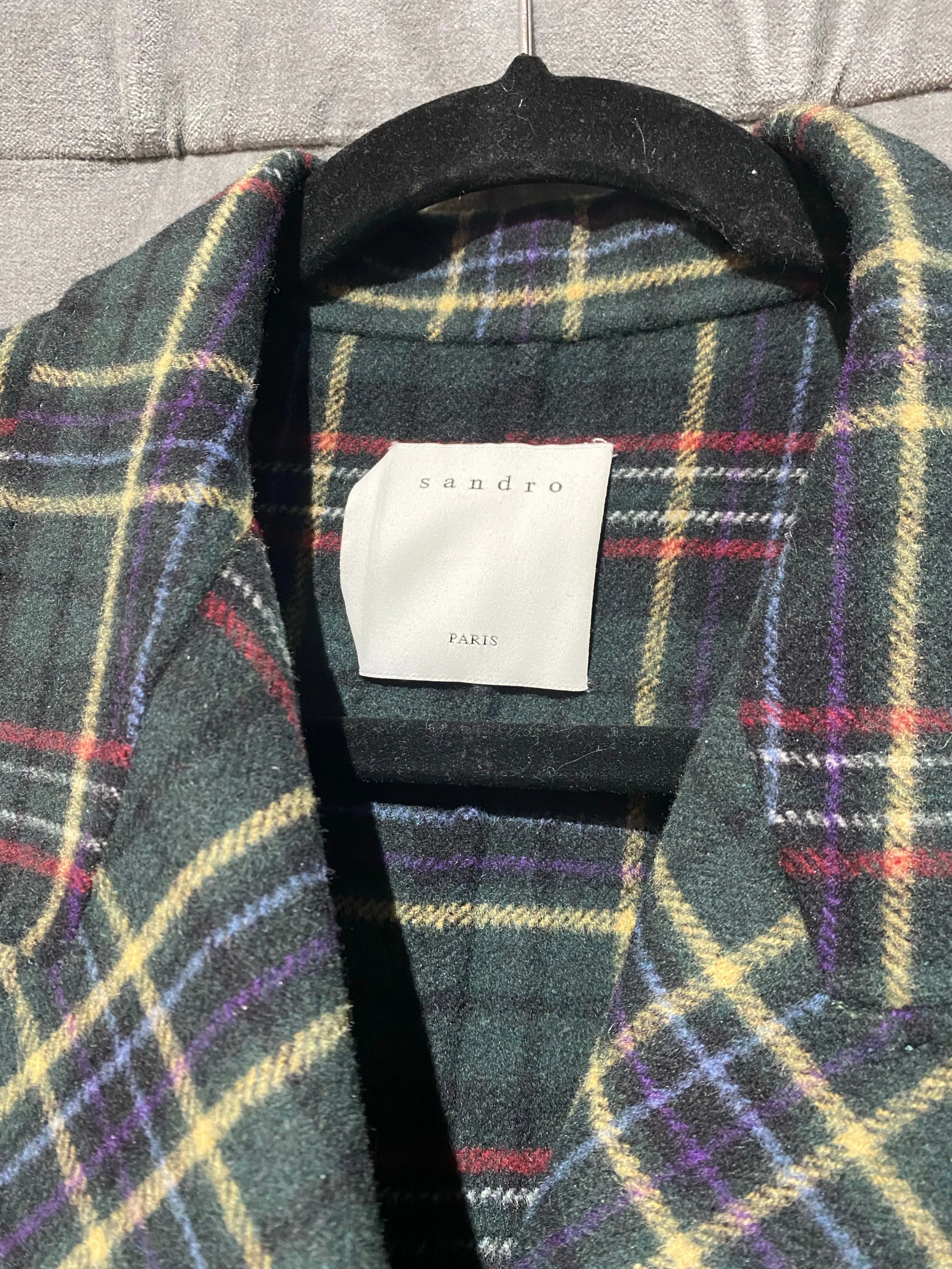Sandro Wool Plaid Long Coat with Studs