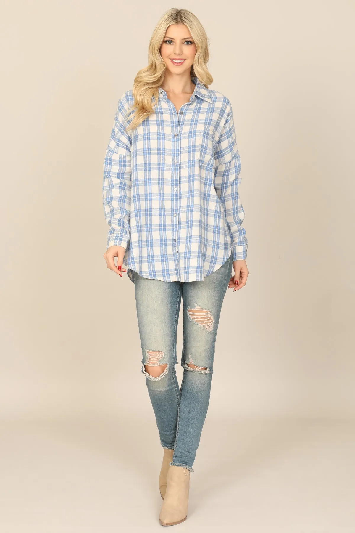 SEAMLESS PLAID LONG SLEEVE BUTTON DOWN TOP