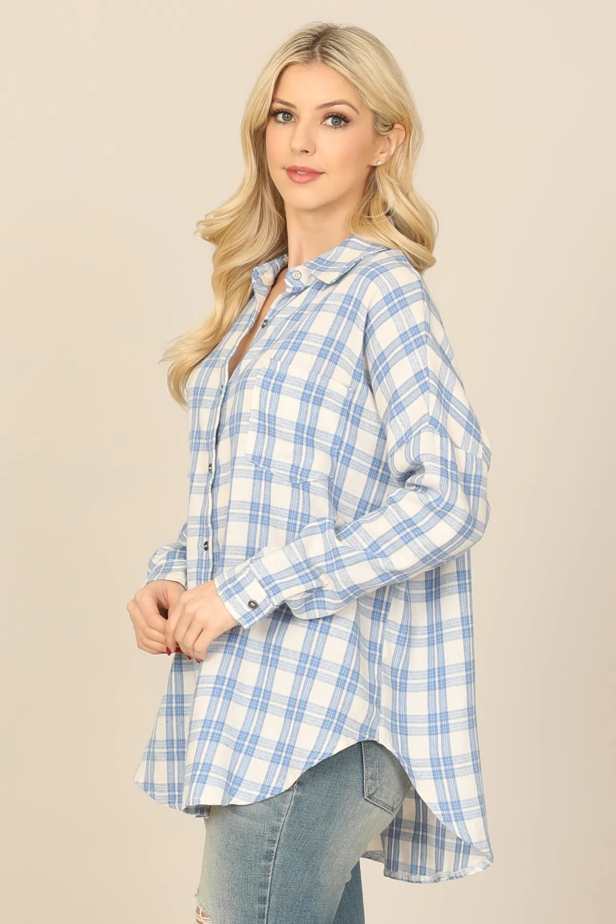 SEAMLESS PLAID LONG SLEEVE BUTTON DOWN TOP