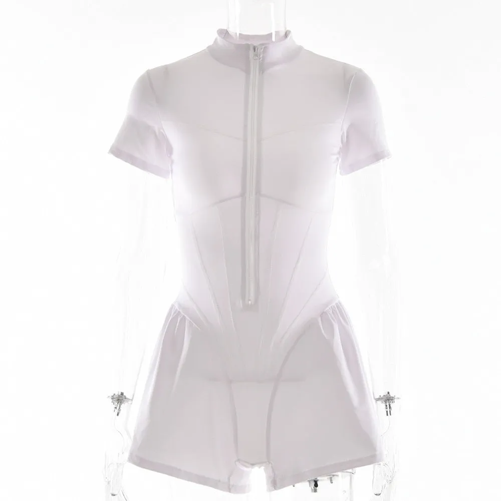 Sexy Bodycon O-Neck Short Sleeve Zipper Bodysuit