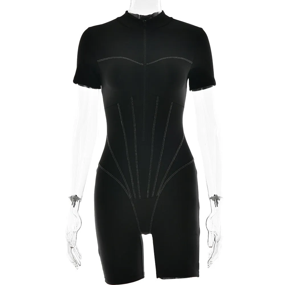 Sexy Bodycon O-Neck Short Sleeve Zipper Bodysuit