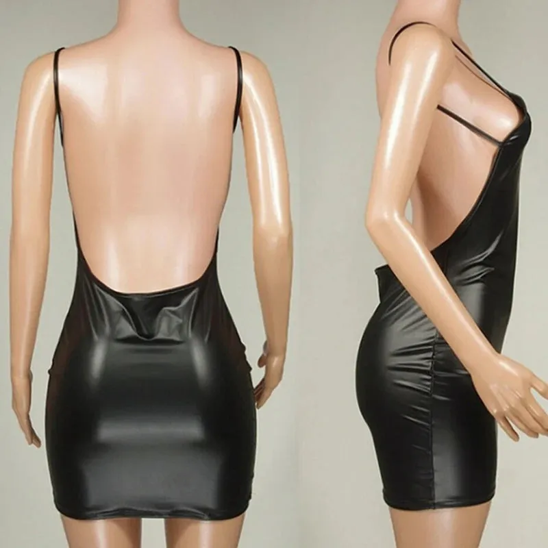 Sexy Faux Leather Backless Wet Look Latex Bodycon Push-Up Bra Mini Short Micro Dress