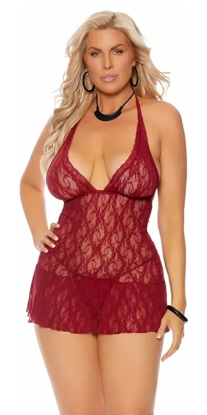 Sexy NDA Plus Size Lace Halterneck Flutter Babydoll and Panty