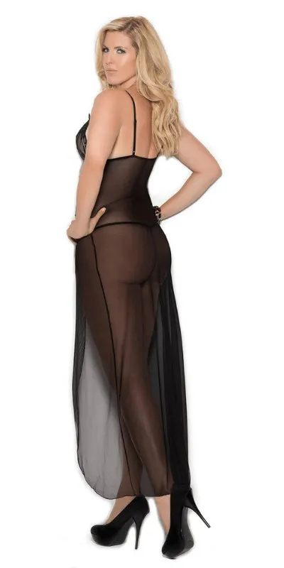 Sexy Stare Plus Size Black Mesh and Lace Slit Gown and G-String