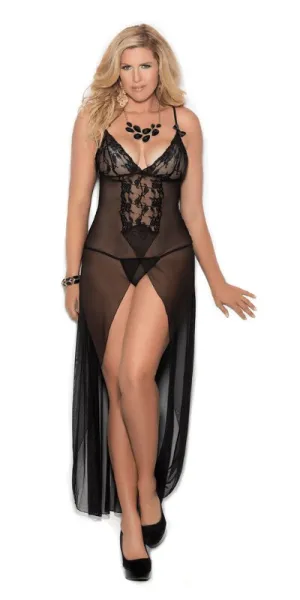 Sexy Stare Plus Size Black Mesh and Lace Slit Gown and G-String