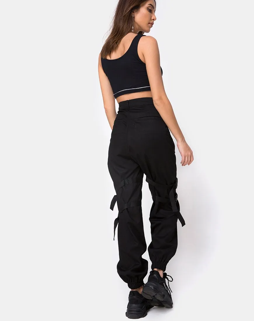 Shano Crop Top in Black With White Piping