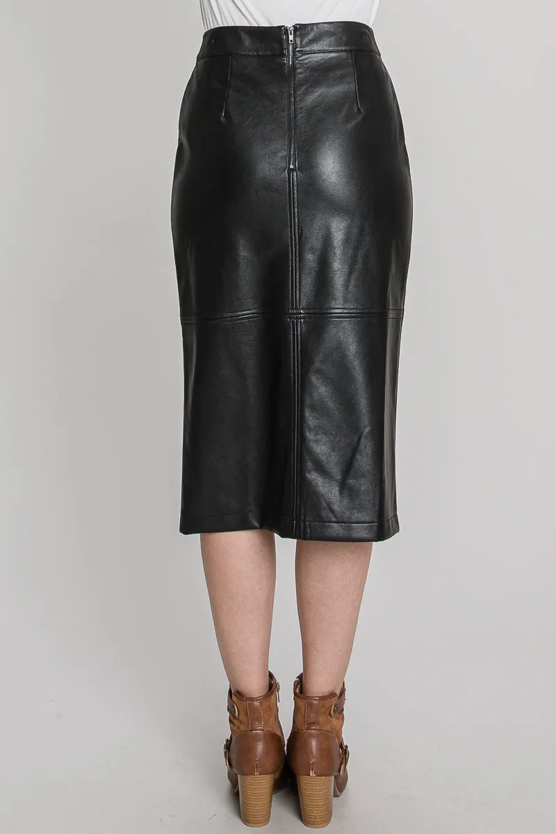 Shay Faux Leather Slit Midi Skirt - Black